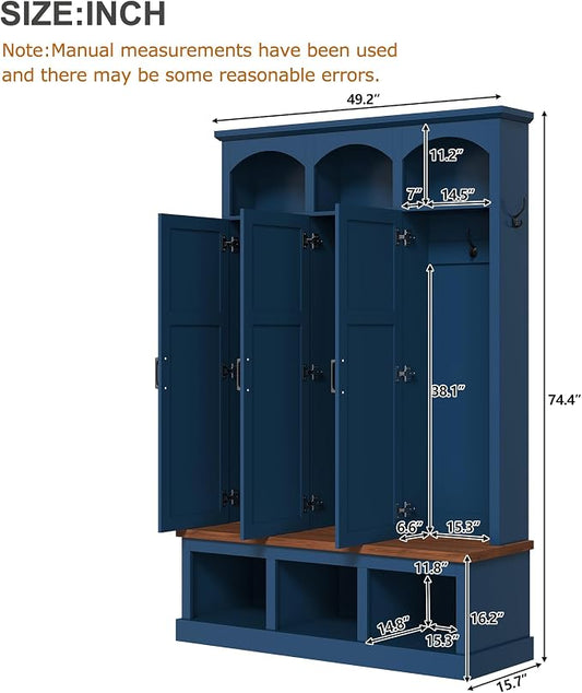 Merax Classic Arched Hall Tree with 3 Hidden Storage, Farmhouse Mudroom Bench with 5 Hooks, Mid-Century Entryway Organizer for Shoes, Blue