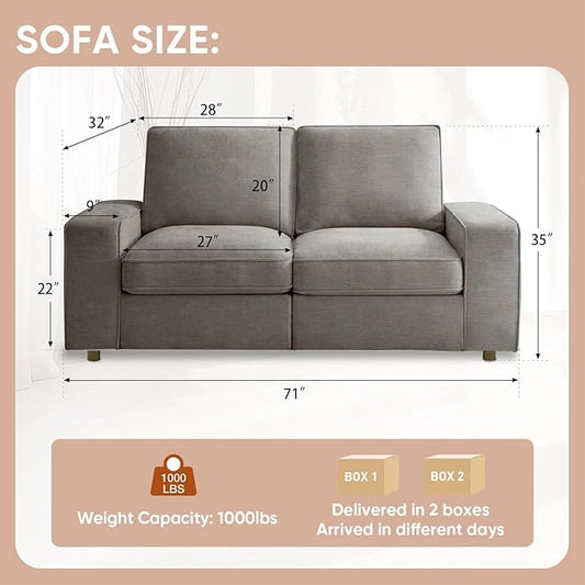 Waxberry 71" Chenille Loveseat Sofa Couch for Living Room with Seat Storage, Modern 2-Seater Deep Seat Sofa with Side Pockets & Type-C/USB Ports, Detachable Backrest for Office, Apartment (Grey)