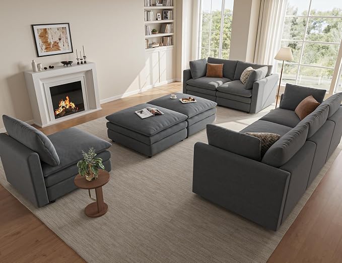 97" Cloud Couches for Living Room, 29.1" Deep Seat Modular Sectional Sofa, L Shaped Cloud Sofa with One Movable Ottoman