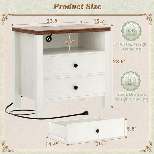 Aheaplus Nightstand with Charging Station, 23.6'' Large Bed Side Table with Wooden 2 Drawers, Night Stand for Bedroom, End Table with Open Storage Shelf for Living Room, Set of 2, White & Brown