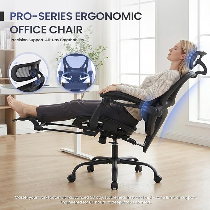 MALOL Ergonomic Mesh Office Chair with Footrest, Executive High Back Computer Desk Chair with 3D Adjustable Headrest & 5-Level Lumbar Support, Tilt Lock, 3D Arms, 300LBS, Z-Black