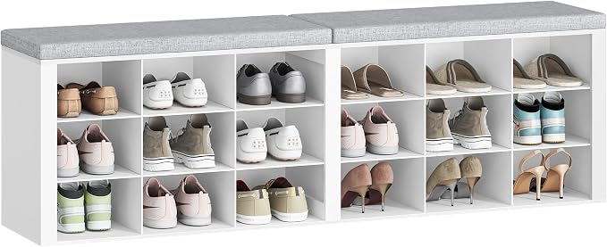 Hzuaneri Shoe Storage Bench with Cushion, Entryway Storage Bench with 18 Cubbies, 9.5" Widened Organizer Cabinet, Long Cubby Rack for Living Room, Bedroom, Entryway, White SB25703GY