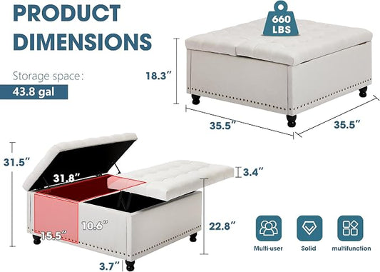 35.5" Large Square Ottoman with Storage, Tufted Upholstered Storage Ottoman with Lift Top & Solid Legs for Bedroom Room, Extra Large Coffee Tables Bench for Living Room as Footstool (Beige)
