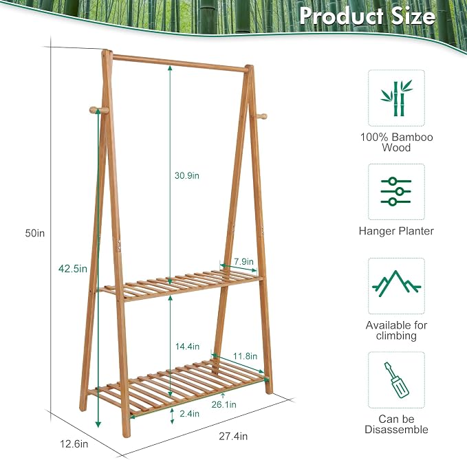 Hanging Plant Shelf Indoor Outdoor Plant Stands Wood Flower Stand 2 Tiered Bamboo Plant Shelves Holder Rack for Patio Balcony Garden (Tall,50 inch)
