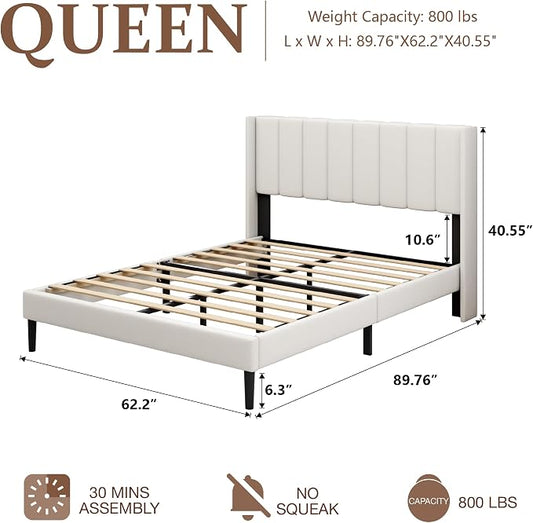 Sismplly Queen Size Bed Frame and Headboard,Vertical Channel Tufted Wingback No Box Spring Needed, Mattress Foundation, Easy Assembly White