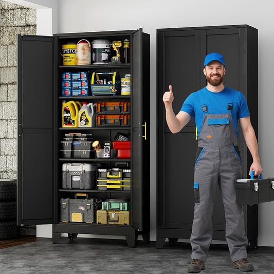 75" Metal Garage Storage Cabinet with 2 Doors, 5 Adjustable Shelves | Metal Storage Cabinets,Steel Tool Cabinets for Home Office,Garage,Warehouse, Widen (Black, 75''H x 32''W x 16''D-B)