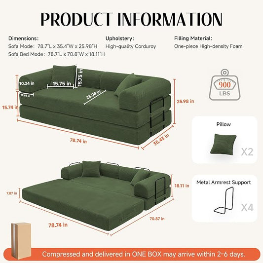 79'' Convertible Sofa Bed, Boneless Couch-in-a-Box, Corduroy Floor Futon Loveseat Sleeper, 26'' Deep Seat, Removable Machine-Wash Covers, No Assembly, 2 Pillows, Forest Green