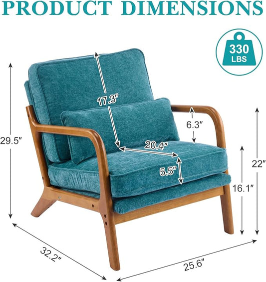 Karl home Mid Century Modern Accent Chair with Lumbar Pillow & Oak Arms – Plush Chenille Living Room Chair for Bedroom, Lounge (Teal)