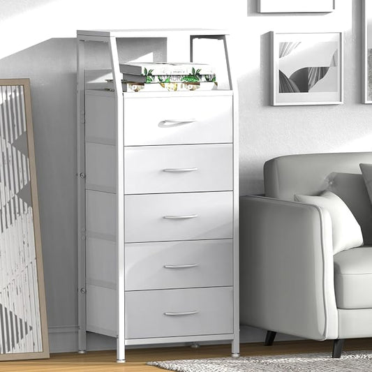 White Dresser for Bedroom, Storage Organizer with 5 Drawers, Vertical Fabric Storage Stand, Nightstand Bedside Table, Sturdy Steel Frame & Wooden Top