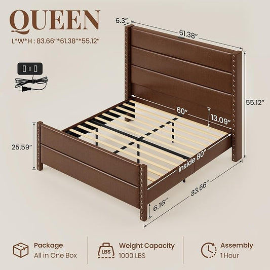 Queen Bed Frame with Storage Shelf & Charging Station, 55" Tall Headboard & 25.6" Footboard, Faux Leather Upholstered Platform Bed with Big Rivets Wingback, Heavy Duty & Noise-Free, Brown