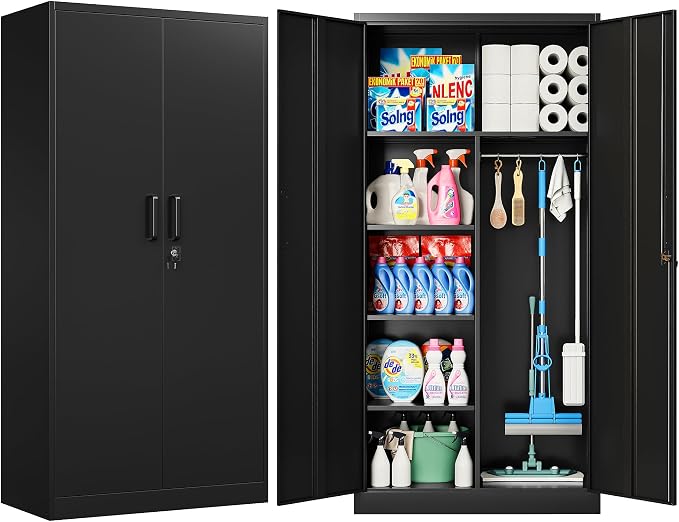 Wide & Deep Metal Storage Cabinet with Hanging Rod,Black Broom Closet Storage Cabinet with Lock,72" Tall Wardrobe Cabinets with Doors and Shelves,Locking Steel Tool Cabinets for Home,Office,Garage