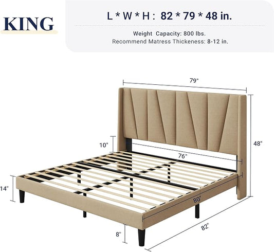 Allewie King Size Platform Bed Frame with Geometric Wingback Headboard, Boho Upholstered Bed with Wooden Slats Support, No Box Spring Needed, Easy Assembly, Beige