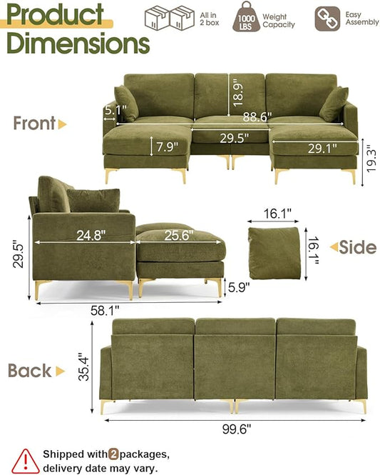 Karl home 99.6" 3-Seat U-Shaped Sectional Sofa, Green | Chenille Upholstered, 2 Movable Ottomans, Cloud-Like Seat, 2 Throw Pillows, Comfy Deep Seat, Living Room, Apartment, Office