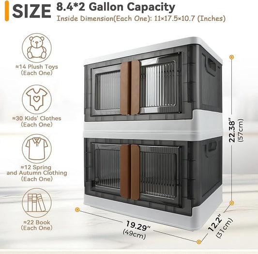 Storage Bin, Foldable Cabinet, 8.4 Gallon (32L) Capacity (Each One), 2 Packs, Collapsible Box with Lids, Transparent, Organizers for Living Room, Bedroom