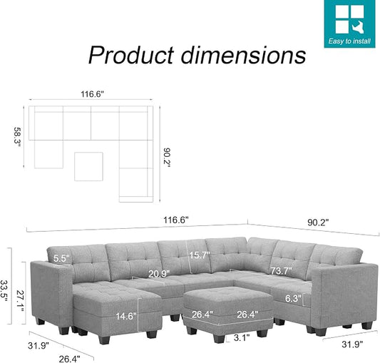 Belffin Modular Sectional Sofa with Storage Ottoman Oversized U Shaped Sofa Set Modular Sofa with Reversible Chaises Modern Fabric Light Grey