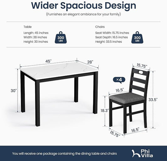 PHI VILLA Solid Wood Dining Table Set for 4, Marble Design Kitchen Table Chairs Set of 4, 5 Piece Space-Saving Dining Room Table Set for Apartment, Venatino White Marble& Black