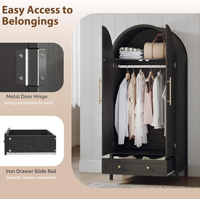 VINGLI Arched Wardrobe Closet Armoire with Doors and Drawer, Bedroom Armoires Black Wardrobe Cabinet Closet,19.7" D x 31.5" W x 69.7" H