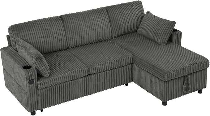 84" Corduroy Pull Out Sofa Bed w/Adjustable Backrests, Sectional L-Shape Sleeper Sofa w/Storage Chaise, Convertible Couch Bed w/USB Charging Port & Cup Holders for Living Room, House, Grey