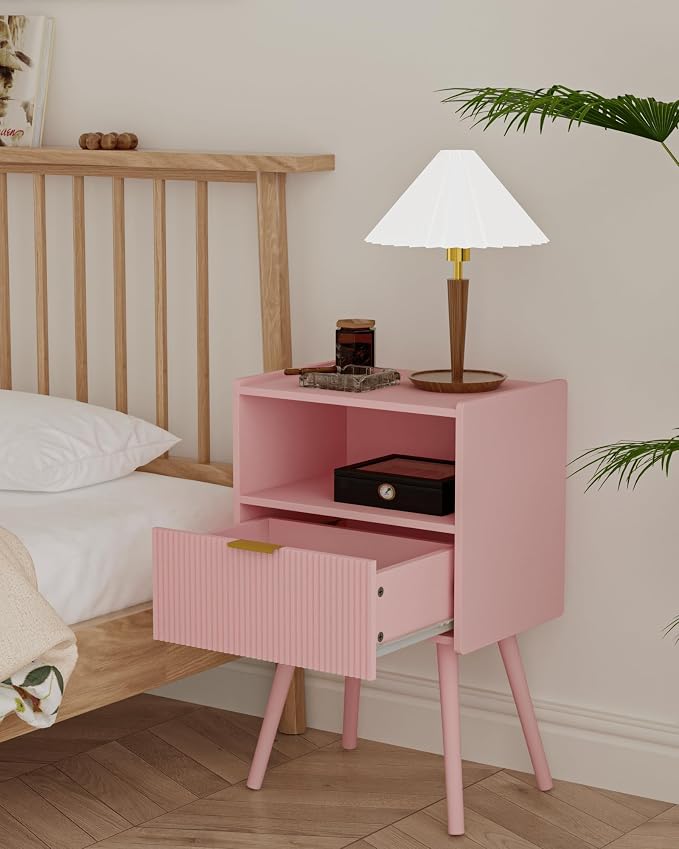 Veegle Nightstand,Modern Bedside Table with Storage Drawer and Open Wood Shelf, Accent Night Stand with Solid Wood Legs for Living Room, Bedroom and Small Spaces,Easy Assembly (Pink)