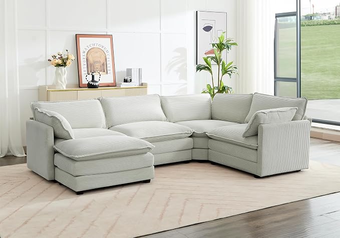 ROWHY 113'' Sectional Cloud Couch, 5 Seater Modular Corner L Shape Sofa Big Comfy Corduroy Oversized Couch with 2 Pillows Movable Ottoman, Deep Seat Sectional Couches for Living Room Office Light Grey | Pet-Friendly Fabric