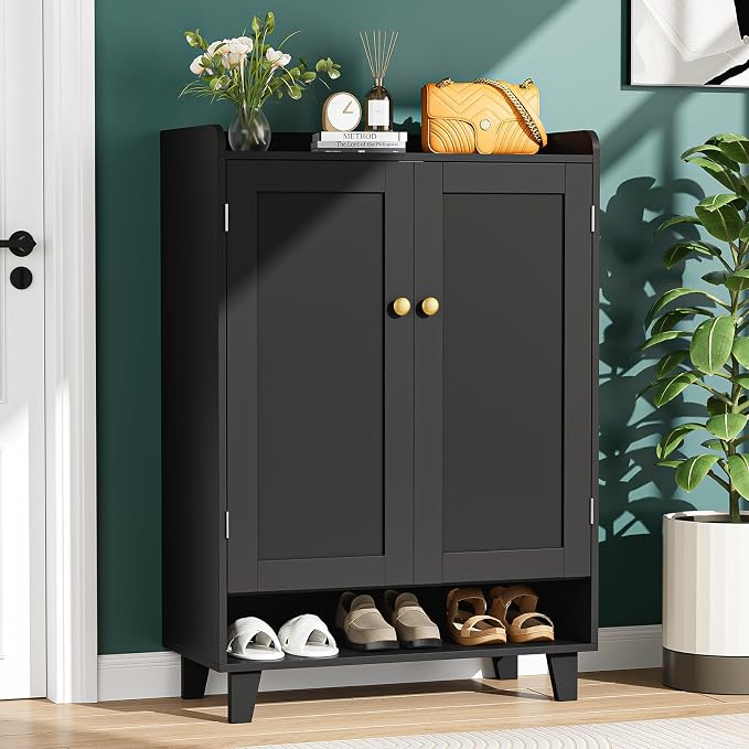 Flat-Shelf Shoe Cabinet with Doors,6-Tier Shoes Storage Cabinet with Adjustable Shelves,Wooden Shoe Rack Shoes Storage Organizer Cabinets for Entryway, Hallway, Living Room(Black)