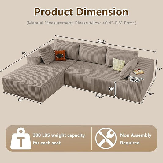 96" Modular Sectional Couch, Boneless L Shaped Cloud Sofa with Chaise Lounge, Corduroy Upholstered Couches Memory Foam Deep Seat, No Assembly Required, Ideal for Living Room(Camel, Left Facing)