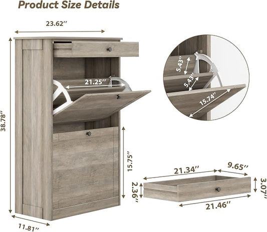 FTZxHKLX Shoe Cabinet with 2 Flip Drawers, Narrow Freestanding Shoe Storage Organizer, Slim Wooden Hidden Shoe Rack for Front Door Entrance, Closet, Hallway, Living Room, Rustic Gray