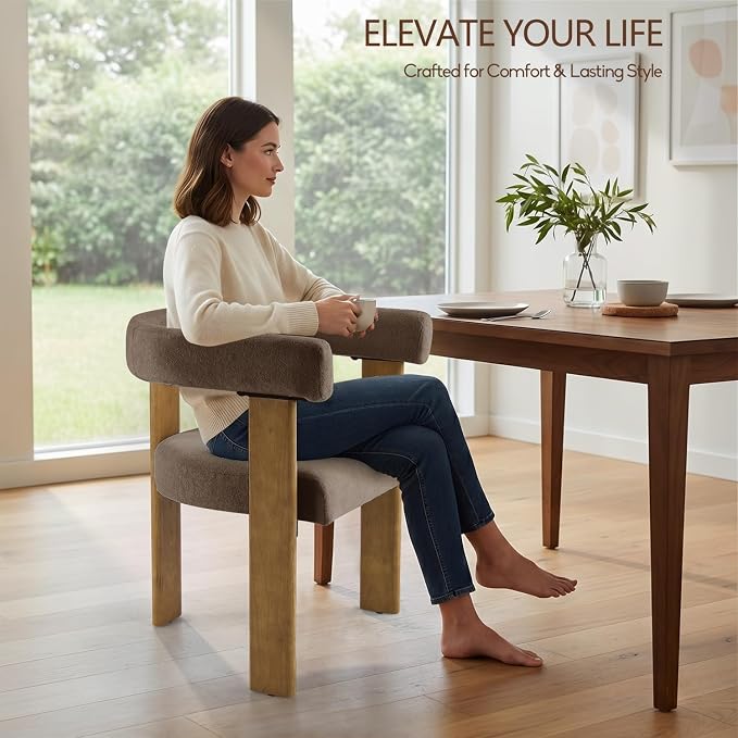 VIRRMO Boucle Dining Chair Set of 2 Terry Upholstered Dining Room Chairs Kitchen Chairs with Wood Legs Mid Century Modern Chair for Dining Room, Kitchen (Wood-Brown, 4)