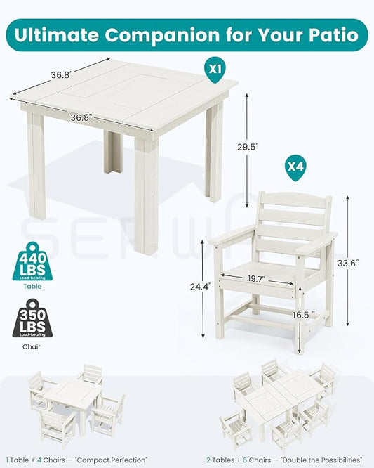 SERWALL Outdoor Dining Set for 4, HDPE Square Table and Chairs Set All Weather Patio Dining Set with 4 Classic Dining Chairs, 5-Piece Patio Dining Furniture for Deck, White