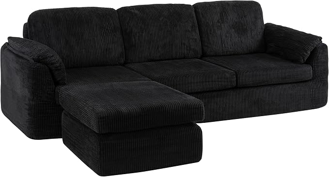 Sectional Couches for Living Room Cloud Couch with Ottoman, Upholstered Boneless Couches Modern Modular L Shaped Couch 3 Seater Sofa, No Assembly, Washable Covers, Black