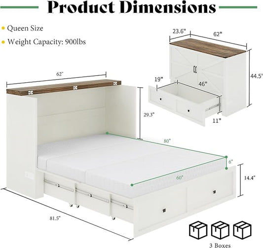 AMERLIFE Queen Murphy Bed Cabinet with 6" Tri-Fold Memory Foam Mattress, Storage Drawer & Charging Station, Space-Saving Guest Bed for Home Office, Distressed White