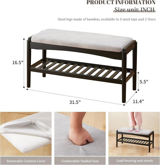 STDDRE Shoe Bench Entryway Bamboo 2-Tier Shoe Rack with Cushion Padded Seat Shoe Bench Organizer Stable for Hallway, Living Room, Bedroom(31.5 * 11.4 * 16.5IN, Black-Gray)