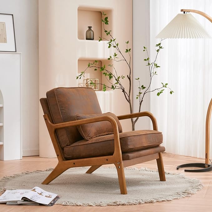 Bonnlo Microfiber Rustic Mid Century Modern Accent Chair, Soild Wood Padding Lounge Armchairs Side Sitting Chairs for Living Room, Bedroom, Guest Room
