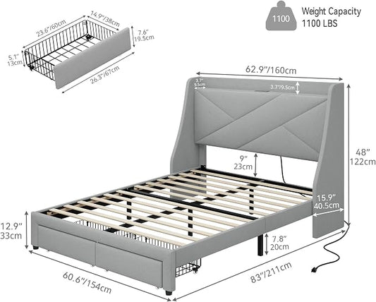 YITAHOME Storage Bed Frame, Queen Size Bed Frame with Type-C & USB Port and 2 Drawers, Upholstered Headboard Storage Shelf Platform Bed, No Box Spring Needed, Easy Assembly, Grey