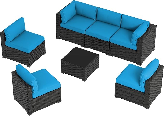 Aoxun 7 Piece Patio Furniture Set, Wicker Rattan Patio Sectional Sofa, Outdoor Furniture Set with Thickened Cushion, Peacock Blue
