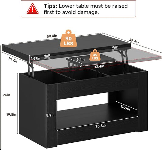 UNIQUITE 40" Lift Top Coffee Table, 4 in 1 Multi-Function Lift Coffee Tables with Storage and Hidden Compartment, Convertible Wood Coffee Tables to Dining Table for Living Room, Black