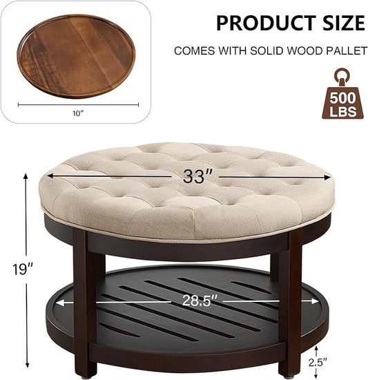 adochr Round Coffee Tables for Living Room,33’’ Storage Ottoman with Wooden Tray, Upholstered Ottoman Footrest, Light Brown