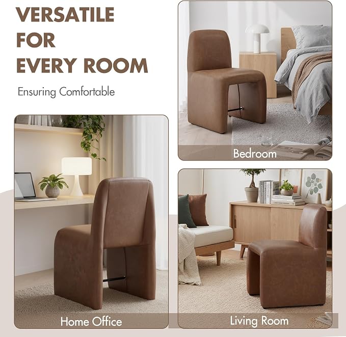 Hyfirm Mid-Century Modern Brown Faux Leather Desk Chair No Assembly Required | Fully Upholstered Armless Accent Chair with Metal Footrest, Comfy Side Chairs for Kitchen, Livingroom, Home Office, Study