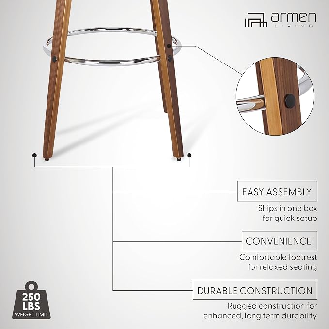 Armen Living Sonia 30" Bar Height Swivel Brown Faux Leather and Walnut Wood Bar Stool - Set of 2
