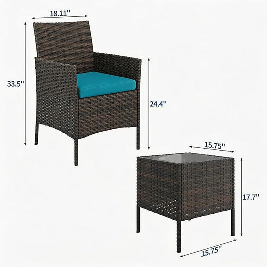 3-Piece Outdoor Furniture Set, PE Rattan Wicker Chairs with Soft Cushions & Tempered Glass Coffee Table - All-Weather Patio Set for Garden, Backyard, Porch, Poolside (Brown/Peacock Blue)