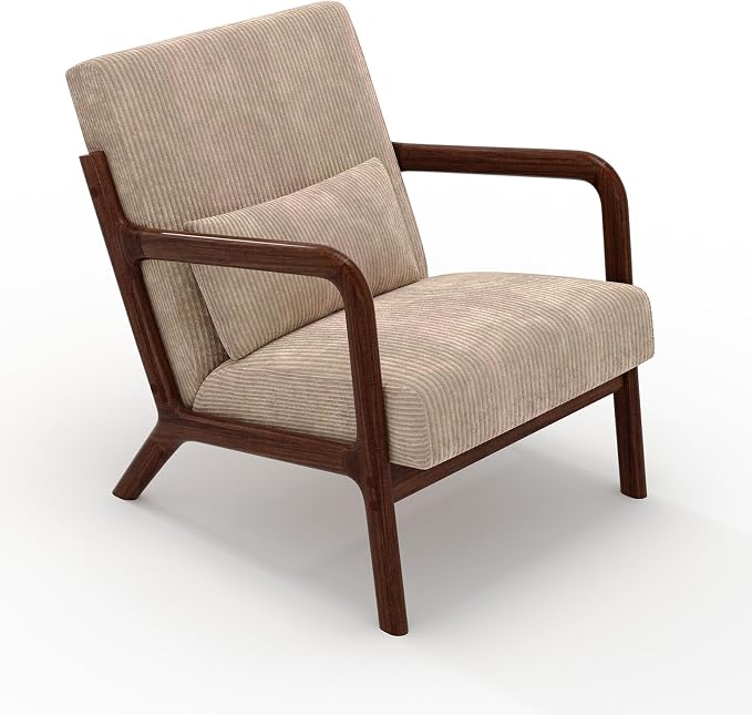Garvee Mid-Century Modern Accent Chair, Wide-Wale Corduroy Upholstery, Solid Wood Armchair with Removable Lumbar Pillow, Sturdy Reading Chair for Living Room, Bedroom, Guest Room, Easy Assembly, Brown