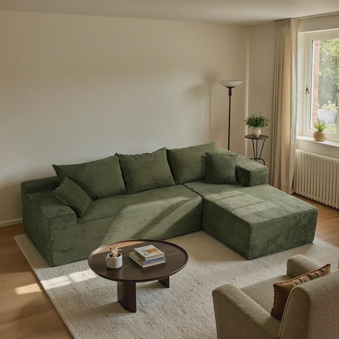 Boneless Couch, 102.4" Sectional Couches for Living Room with L Shape Sofa | Cloud Couch Sectional with Chaise, Modular Cloud Sofa with Deep Seat, No Assembly, Green, Corduroy, Right Chaise