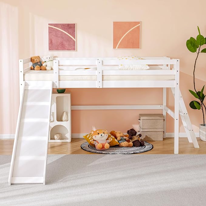 VINGLI Loft Bed with Slide, Twin Space Saving Kids Low Loft with Guardrail and Ladder, Pine Wood and Sturdy Single Bed Frame for Boys and Girls, White