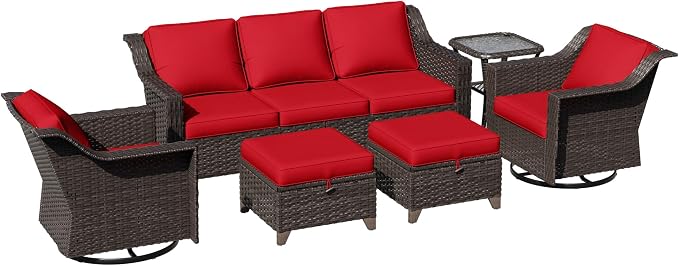 6 Pieces Patio Conversation Furniture Set - 1 Sofa, 2 Swivel Chairs, 2 Ottomans, 1 Side Table, Outdoor Wicker Furniture with Removable Cushions for Porch, Balcony, Sunroom (Red)