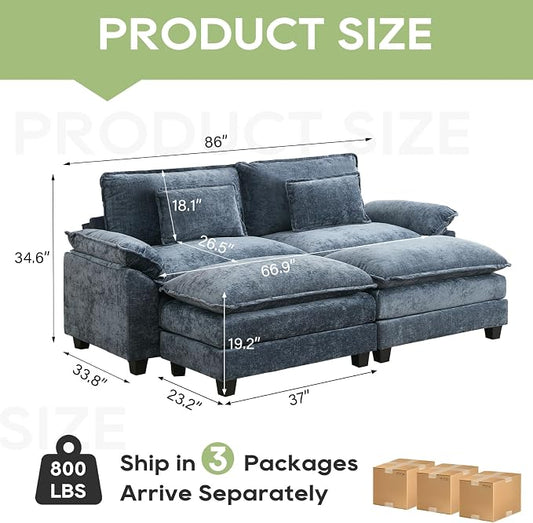 Oprisen 86" Modular Sectional Sofa, Comfy Cloud Couch Sectional Sofa with Ottoman, Chenille Sofa Sleeper Deep Seat Sofa with Throw Pillows for Living Room (Blue)