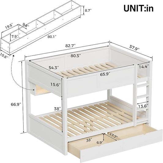Wood Bunk Bed Full XL over Full XL Size with Built-in Storage Cabinets, 2 Drawers and LED Light, Versatile Bunk Bed Frame with Ladder and Guardrail for Kids Teens Adult, Maximize Space (White-1.13)