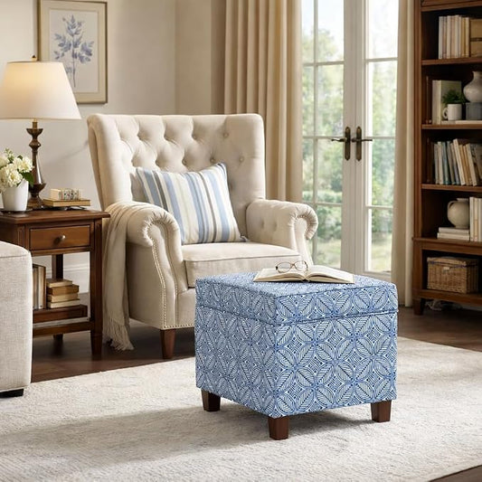 HomePop Home Decor | K7342-A874 | Classic Square Storage Ottoman with Lift Off Lid | Ottoman with Storage for Living Room & Bedroom, Blue Indigo Print, Large