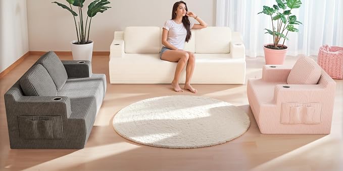 Homall 42” Single Sofa Foam Couch for Small Spaces Upholstered Floor Sofa with Cup Holder & Storage Pocket Boneless Couch for Bedroom Living Room (Pink, Single)