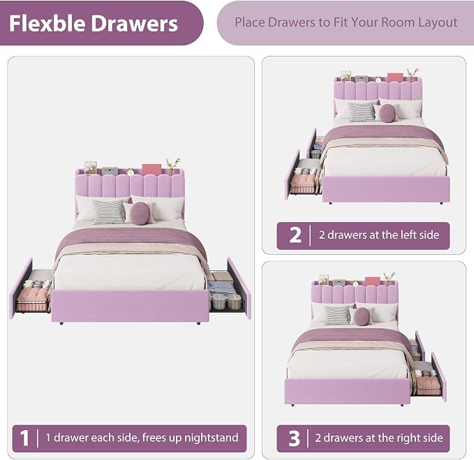 Garvee LED Full Size Bed Frame with Storage Headboard, Kids Bed Frame with 2 Drawers, Boucle Upholstered Platform Bed for Girls, Chic Wavy Headboard with Bookcase, No Box Spring Needed, Purple