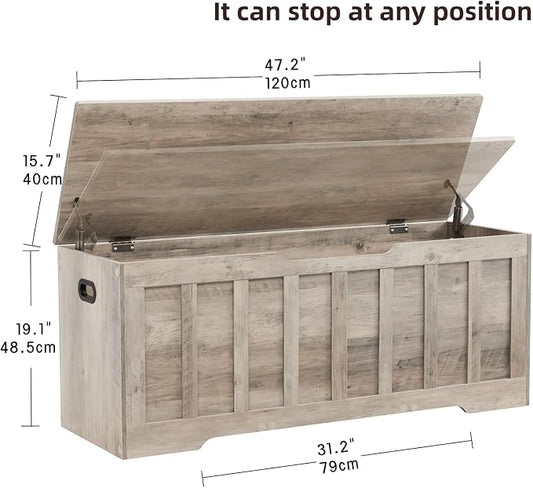 VANKILEY 47.2" Storage Chest Extra Large,Storage Trunk with 2 Safety Hinges,Wooden Storage Bench,Shoe Bench,47.2x15.7x19.1 Inch,Easy Assembly,Storage Bench for Bedroom,Living Room,entryway(Greige).